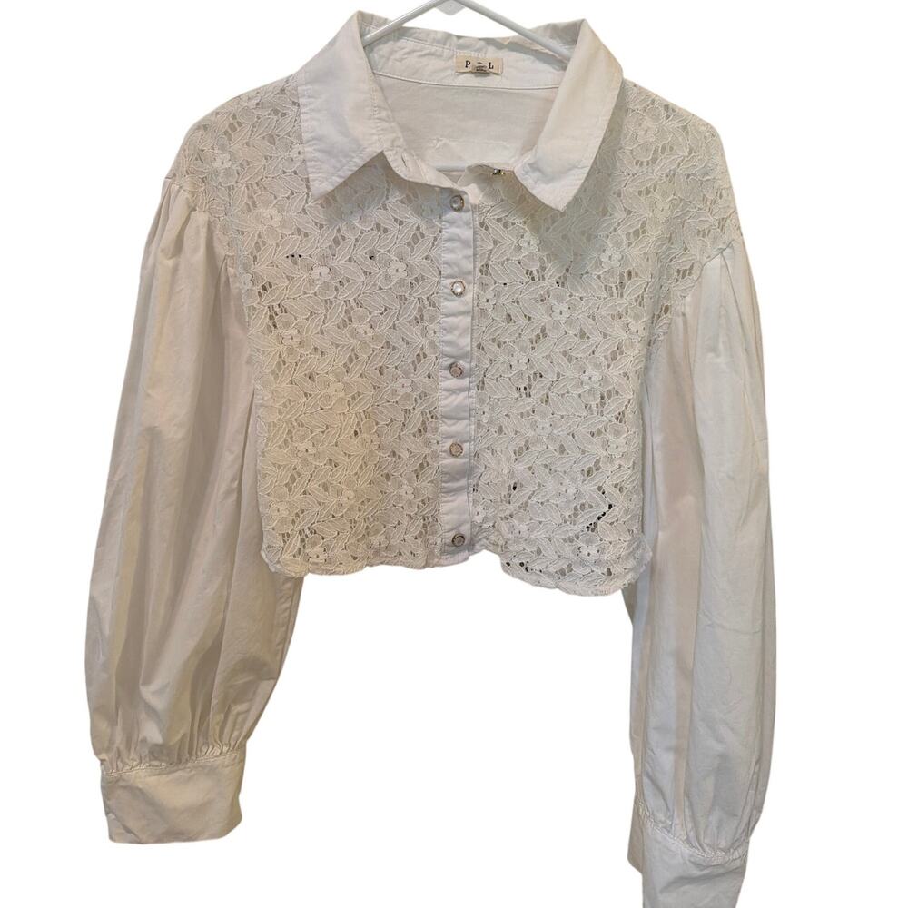 POL Cropped White Shirt Women's Size Large Button Up Puffy Sleeves Lace Cottage